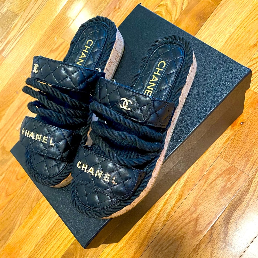 Chanel Black Dad Cord Rope Slide Strap Sandals